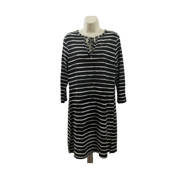 Balance Collection Dress Size Large Black White Scalloped Stripe Size 3/4 Sleeve - Picture 1 of 8